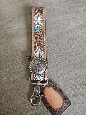 Handcrafted Brown Leather Feather Wristlet Keychain with Turquoise Accent-NWT